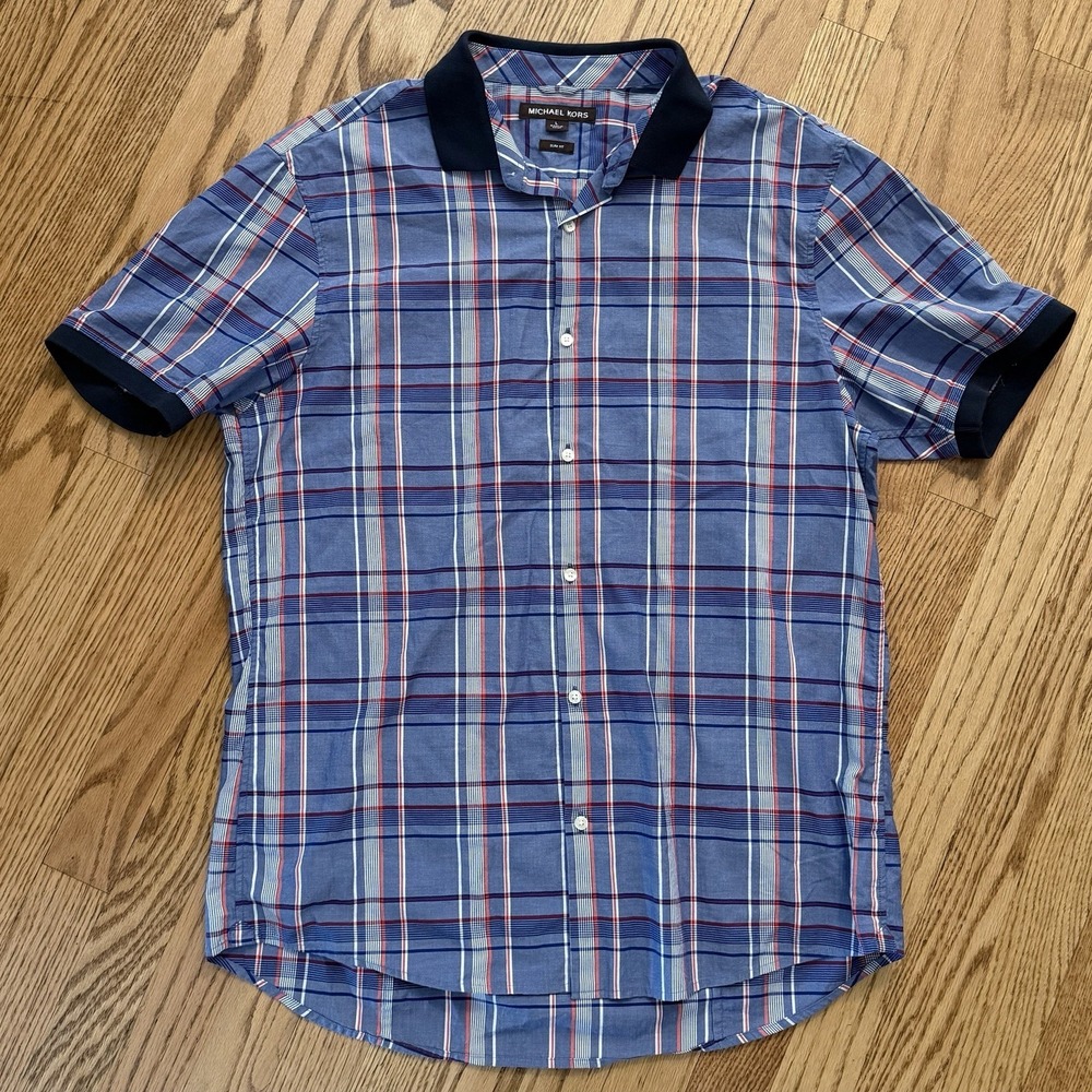 Michael Kors Slim Fit Plaid Button Shirt Mens Large Blue Cotton Short Sleeve